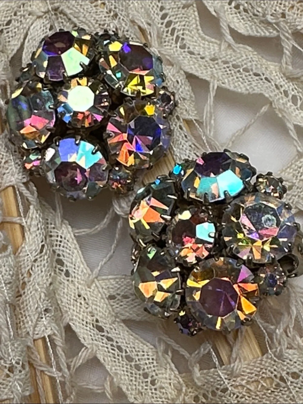 Karu Arke Aurora Borealis Crystal Cluster Clip-On Earrings - Vintage - 1 1/8”